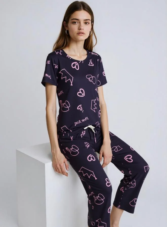 Take Two Women Graphic Round Neck T-Shirt and Pyjama Set